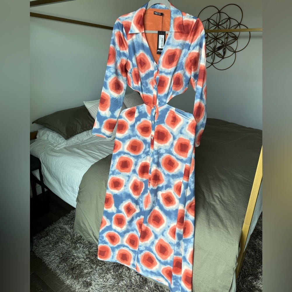 NWT NASTY GAL Abstract Brown Blue Cutout Maxi Dress Sz 8 US (12 UK) Long Sleeve